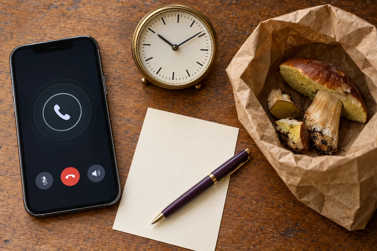Phone in an active call beside a clock, blank note card, and bolete remnants in a paper bag