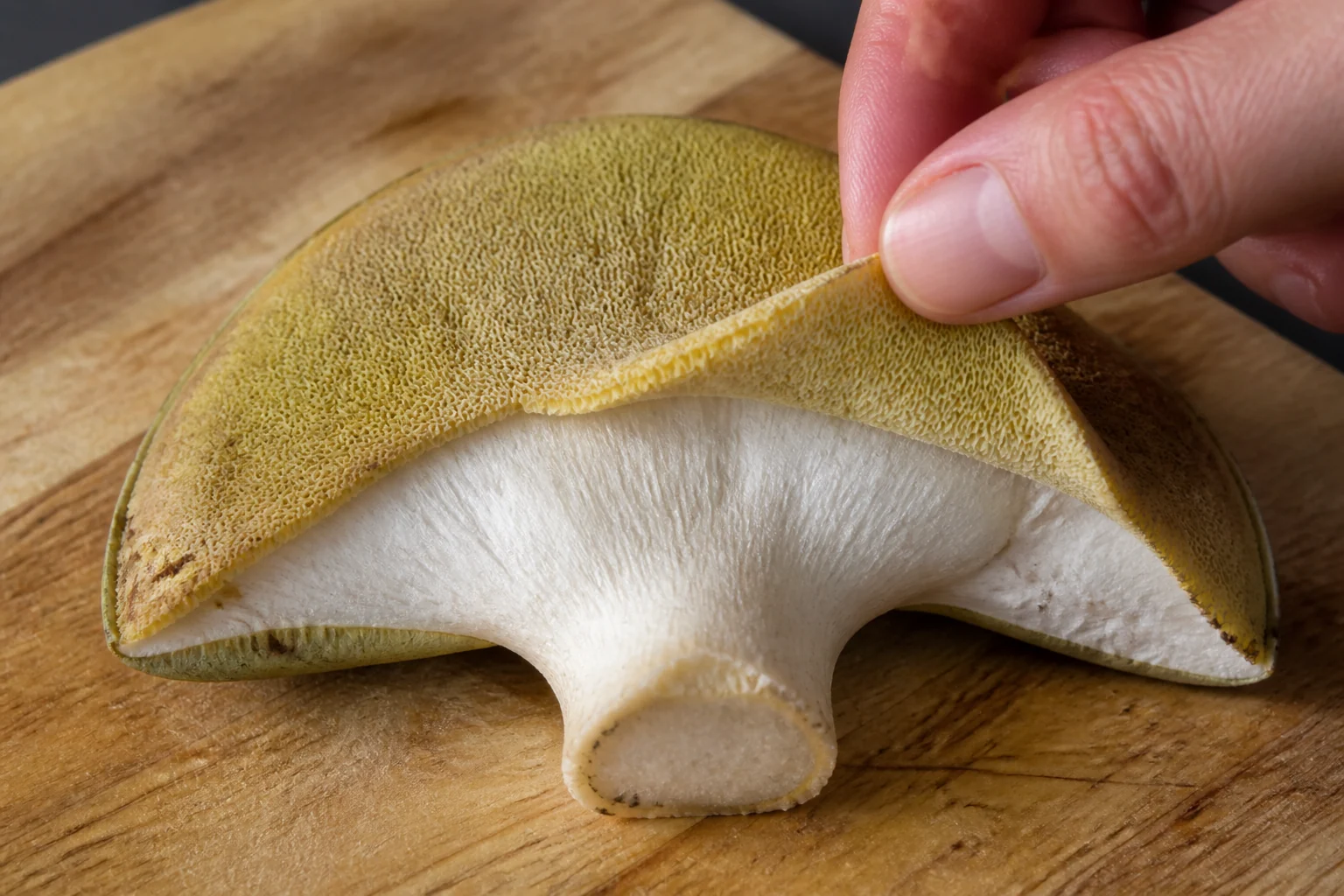 Fingers lifting the yellow-green spongy pore layer away from the underside of a bay bolete cap on a wooden board