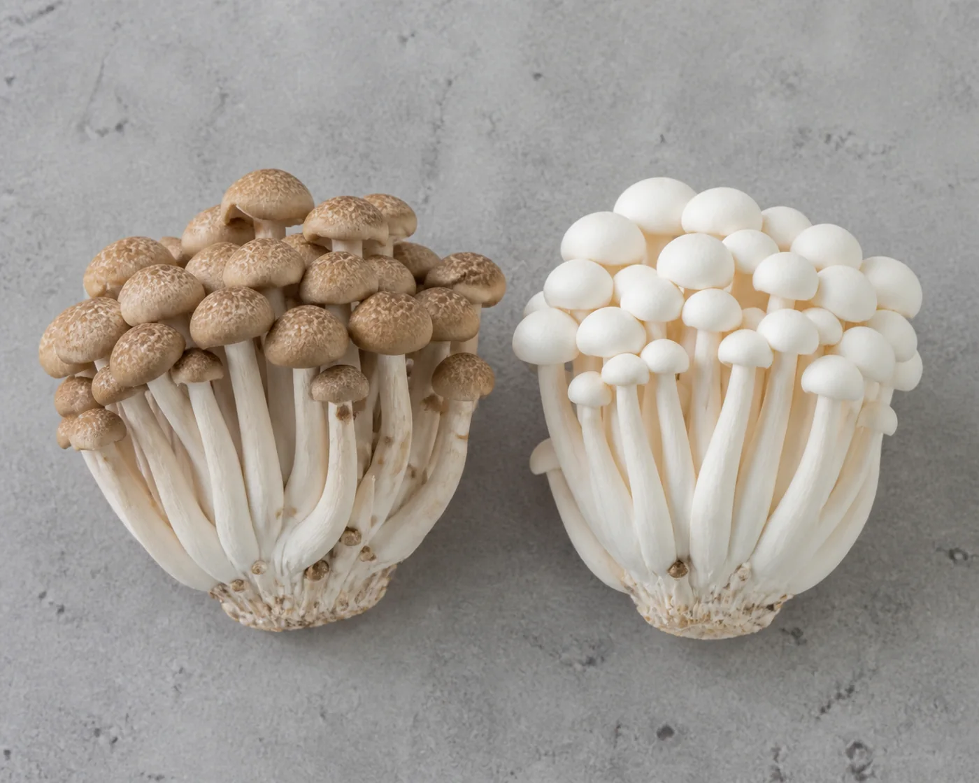 A brown buna-shimeji cluster beside a cream-white bunapi cluster on a plain board, otherwise identical in size and form