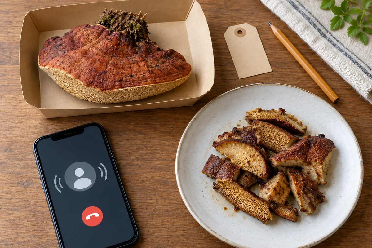 Intact bracket mushroom separated from a plate of cooked pieces beside a phone in an active call