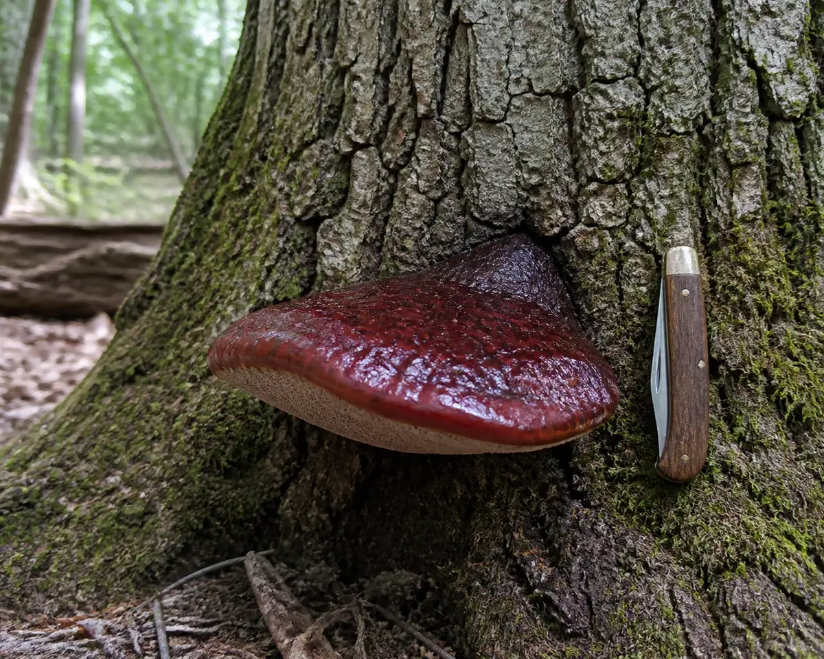A red-brown beefsteak bracket low on the base of an oak trunk with a folding knife resting beside it for scale