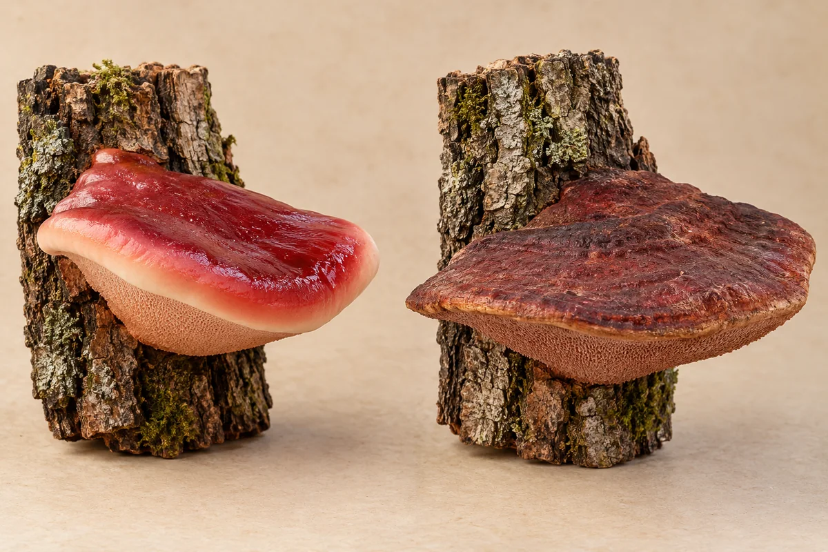 Young moist red bracket with a thick pale edge beside an older flatter dark red-brown bracket on oak
