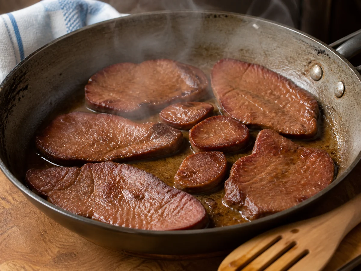 Thin browned beefsteak fungus slices and smaller thick-center pieces steaming in a shallow skillet