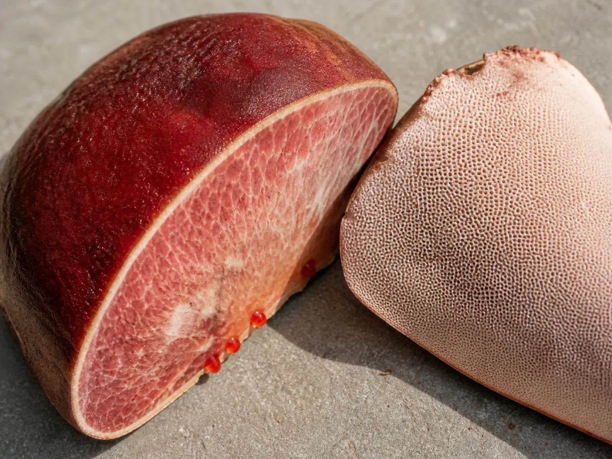 Beefsteak fungus cut from red upper skin through marbled flesh to its pale tube layer