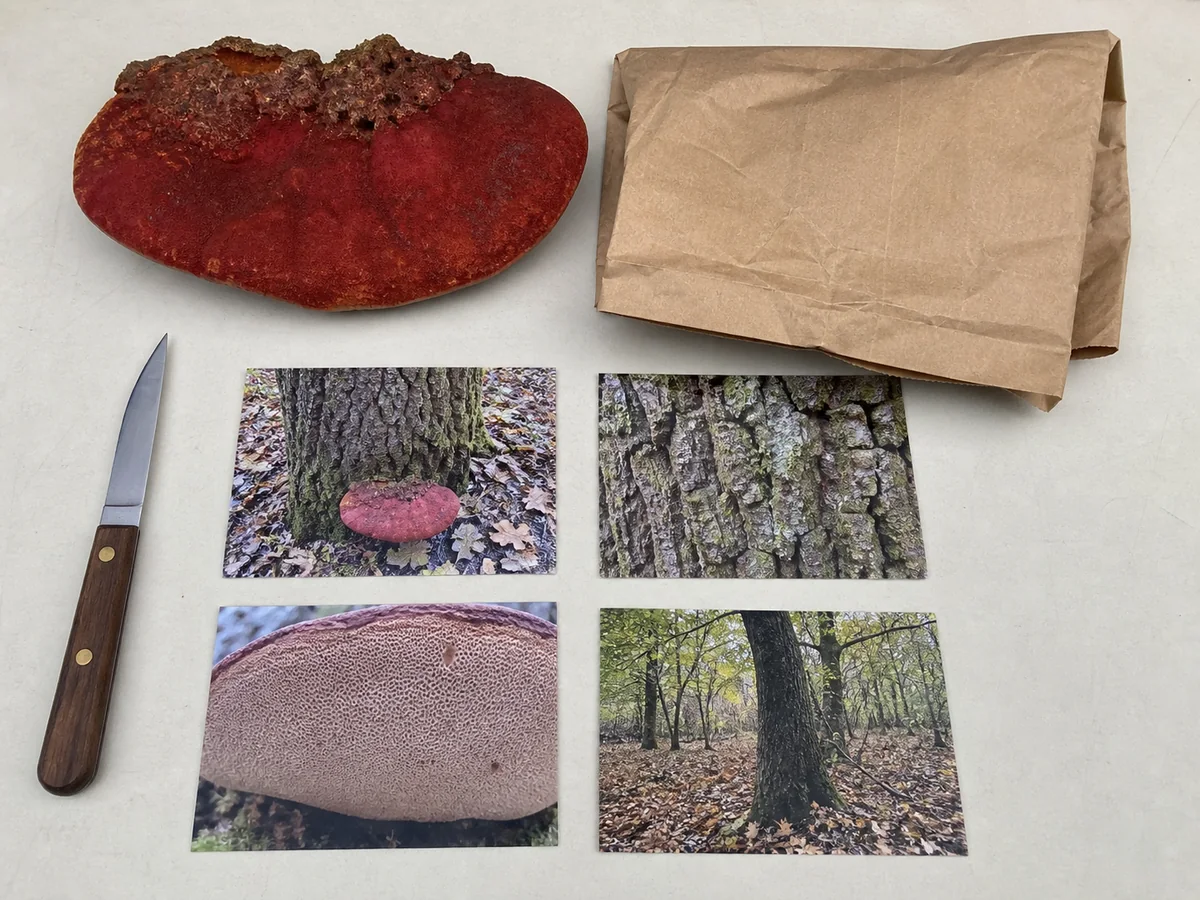 Whole beefsteak bracket beside field photographs, a paper bag, and a clean inspection knife
