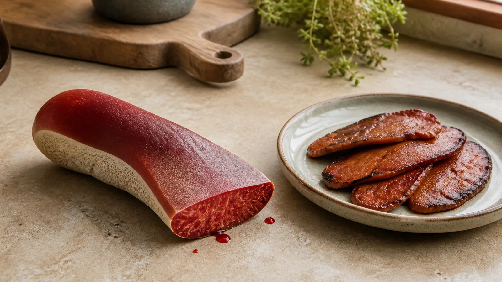 Whole red beefsteak fungus bracket beside cooked slices - pregnancy safety | KnowTheSpore