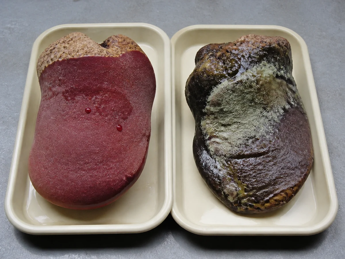 Sound juicy beefsteak fungus separated from a dark collapsed and slimy bracket