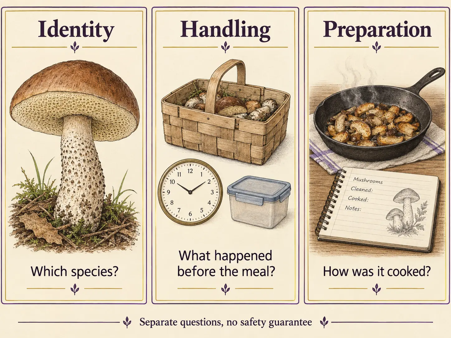 Three illustrated panels separate mushroom identity, handling history and cooking method