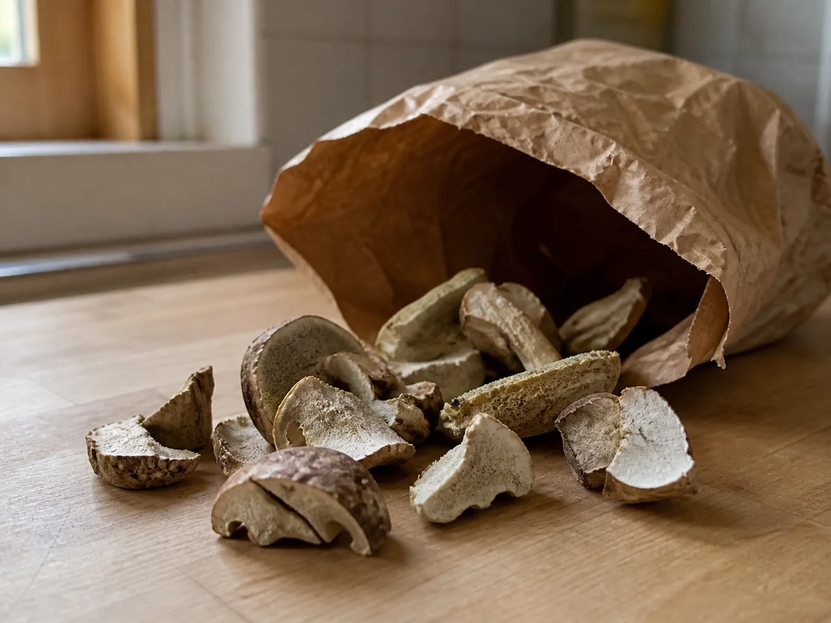 Unlabeled paper bag spilling brown mushroom caps and cut fragments without complete stems - anonymous birch bolete gift during pregnancy