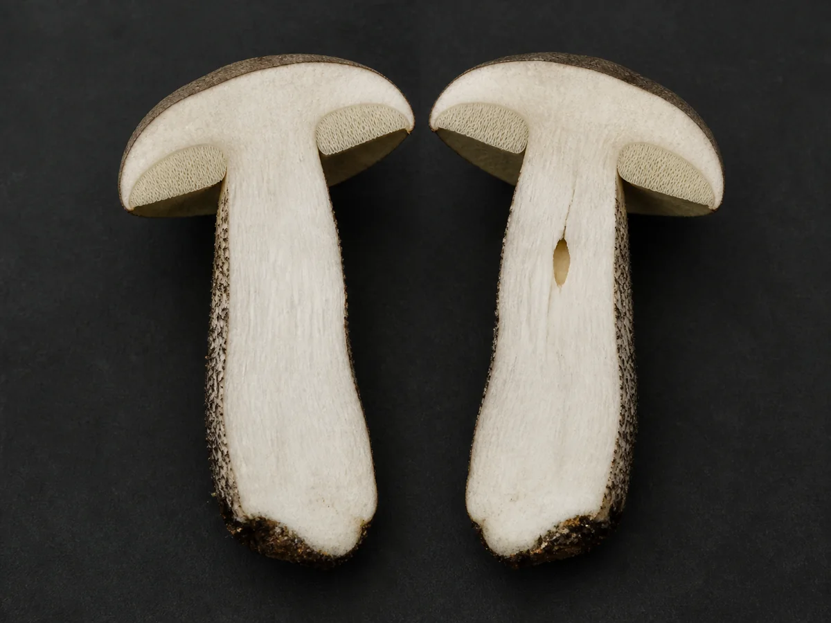 Two vertical halves of brown birch bolete showing pale pores, whitish flesh, a scabered stem, and one insect-damaged channel - cut birch bolete condition check
