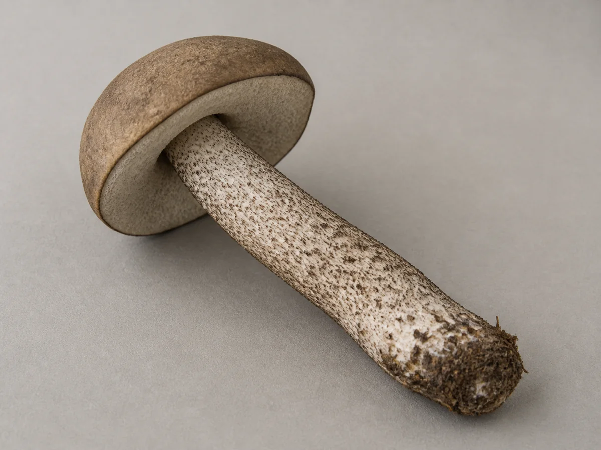 Complete brown birch bolete with a gray-brown cap, pale pore layer, long scabered stem, and intact base - whole birch bolete pregnancy identification