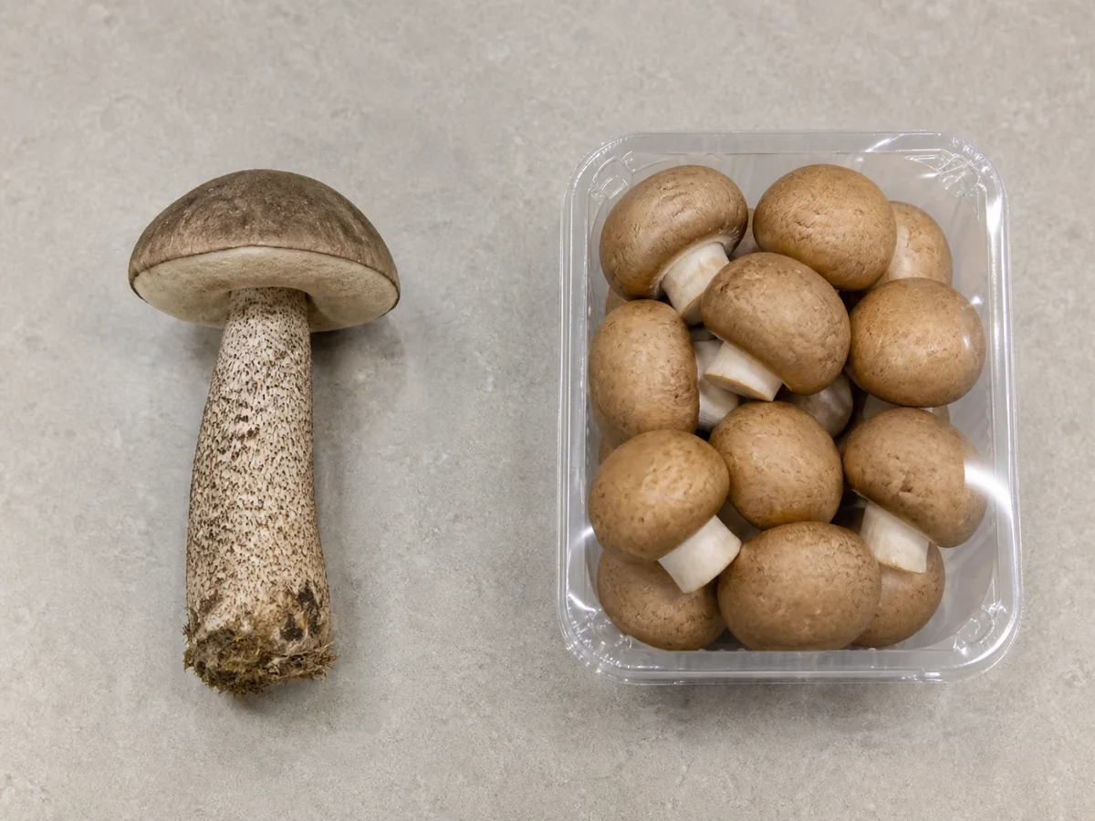 Loose whole brown birch bolete beside a sealed tray of cultivated brown mushrooms - wild versus cultivated pregnancy choice