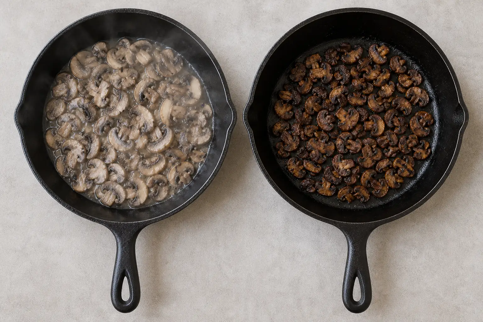 Two skillets side by side from above, the left holding pale birch bolete slices still weeping liquid and the right holding the same slices deeply browned and dry