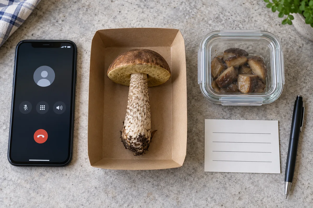 Phone beside a retained whole bolete, a separate food container, and a note for meal details