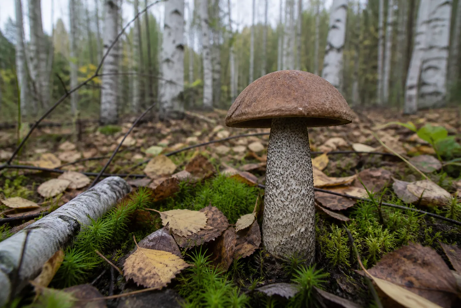 A birch bolete on mossy ground among fallen birch leaves with pale birch trunks blurred behind