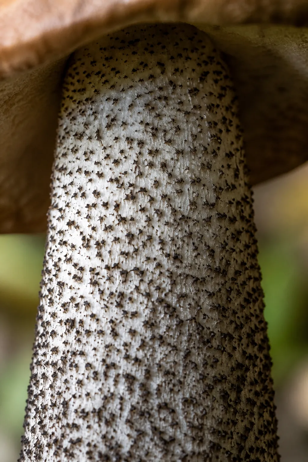 Close view of a birch bolete stem covered in small dark scaly points against off-white flesh, the cap out of focus above