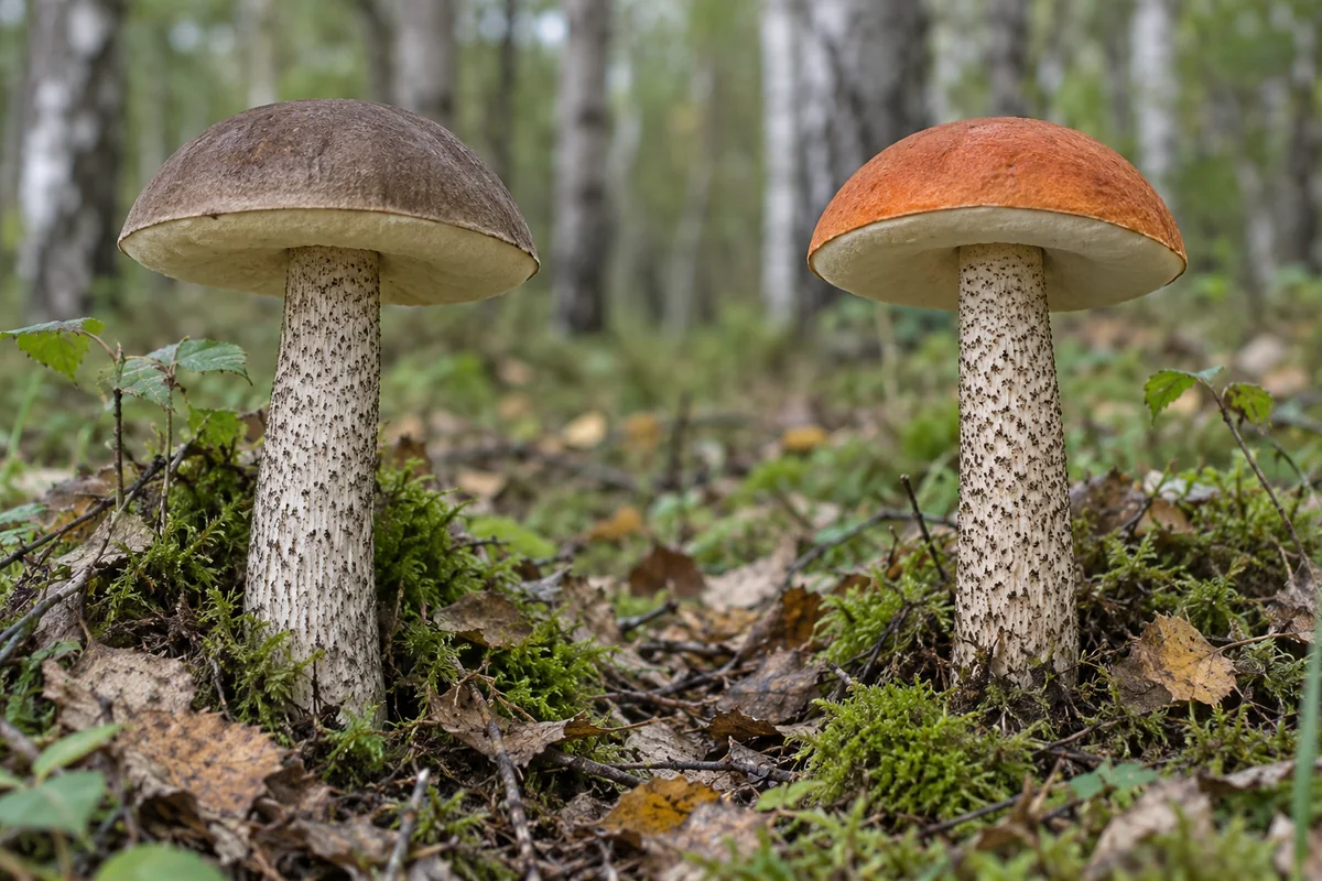 Representative brown-capped birch bolete and orange-capped birch bolete shown separately at matching scale in birch woodland