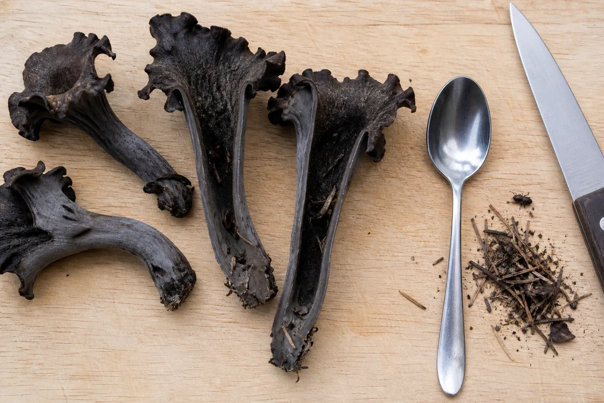 Black trumpet mushrooms split lengthwise beside a teaspoon with grit removed from their hollow interiors - cleaning black trumpets during pregnancy