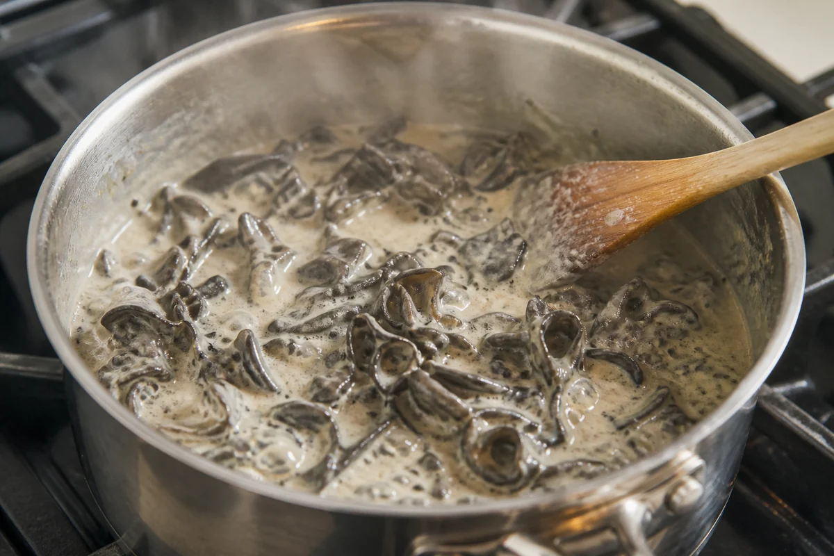 Fully cooked black trumpet mushrooms softened in a steaming saucepan of light sauce - cooking black trumpets during pregnancy