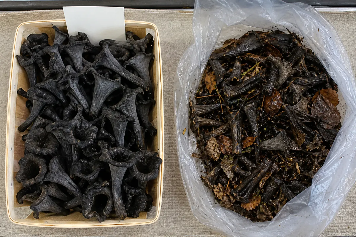 A traceable uniform black trumpet batch beside a loose mixed dark mushroom bag with no supplier information - black trumpet source during pregnancy