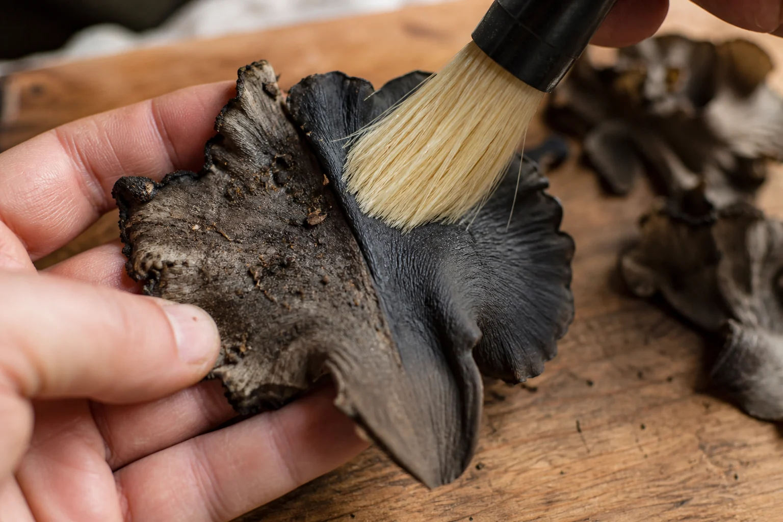 A split black trumpet opened flat on a wooden board with a soft brush partway across it, half cleaned and half still holding debris