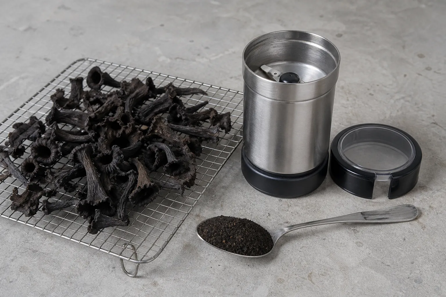 Dried black trumpets on a wire rack beside a small grinder and a spoonful of dark powder on a plain counter