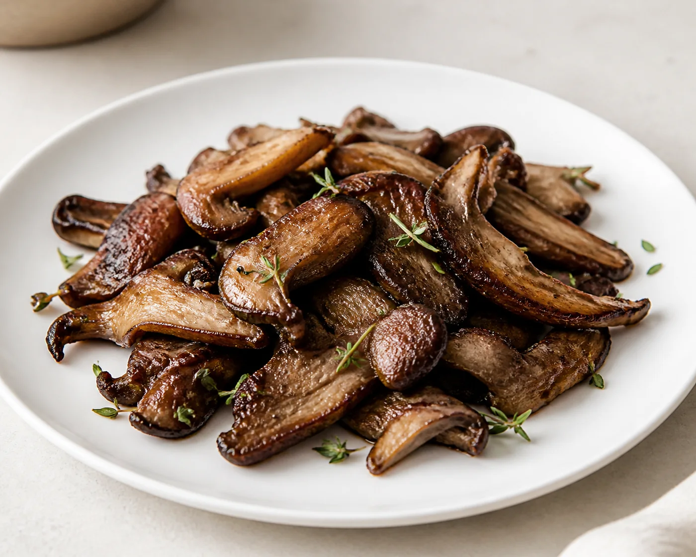 Browned blewit slices on a white plate with thyme, the violet almost entirely gone from them