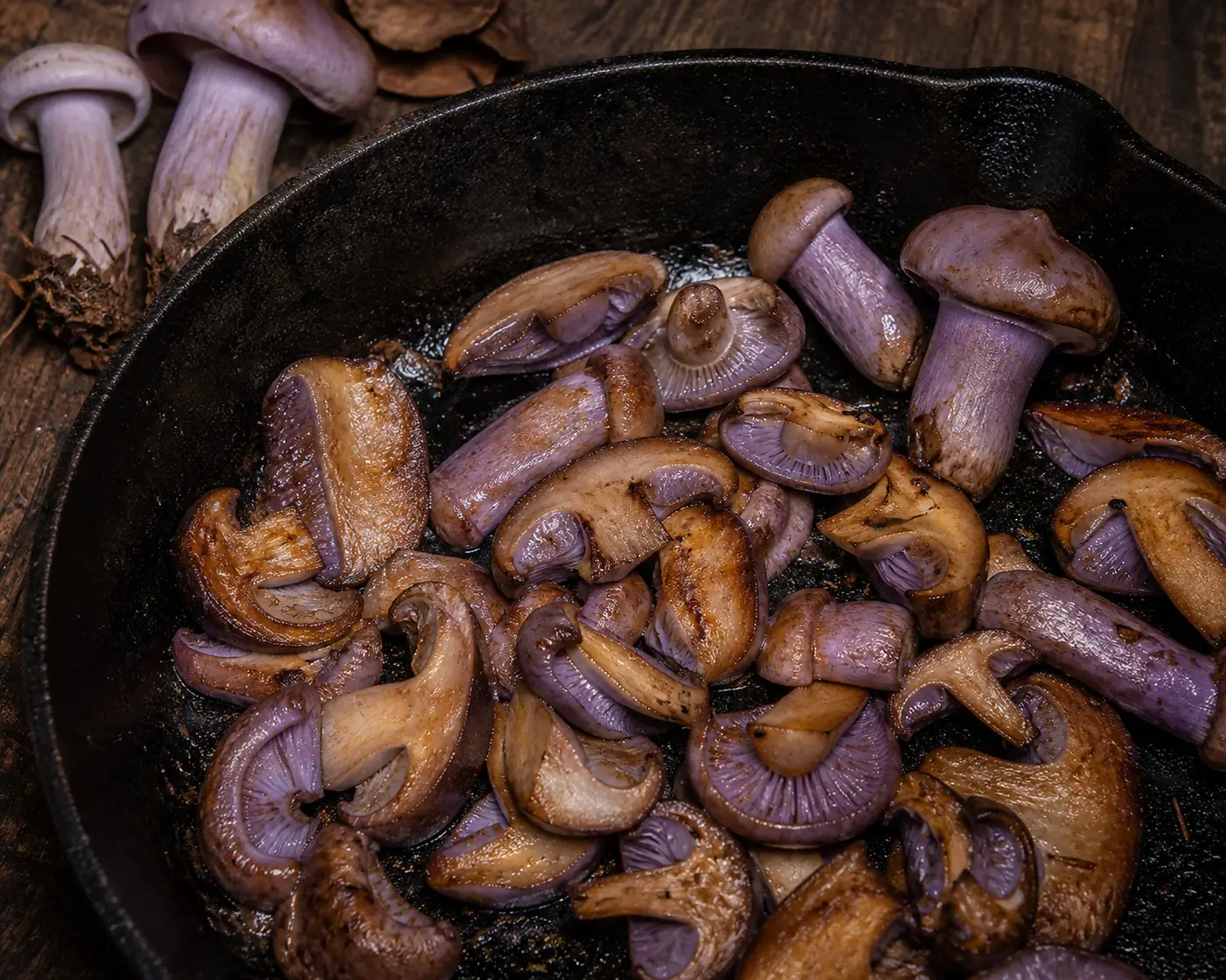 Thick blewit slices in a hot dry cast iron pan with the liquid gone and the edges browned in a little butter