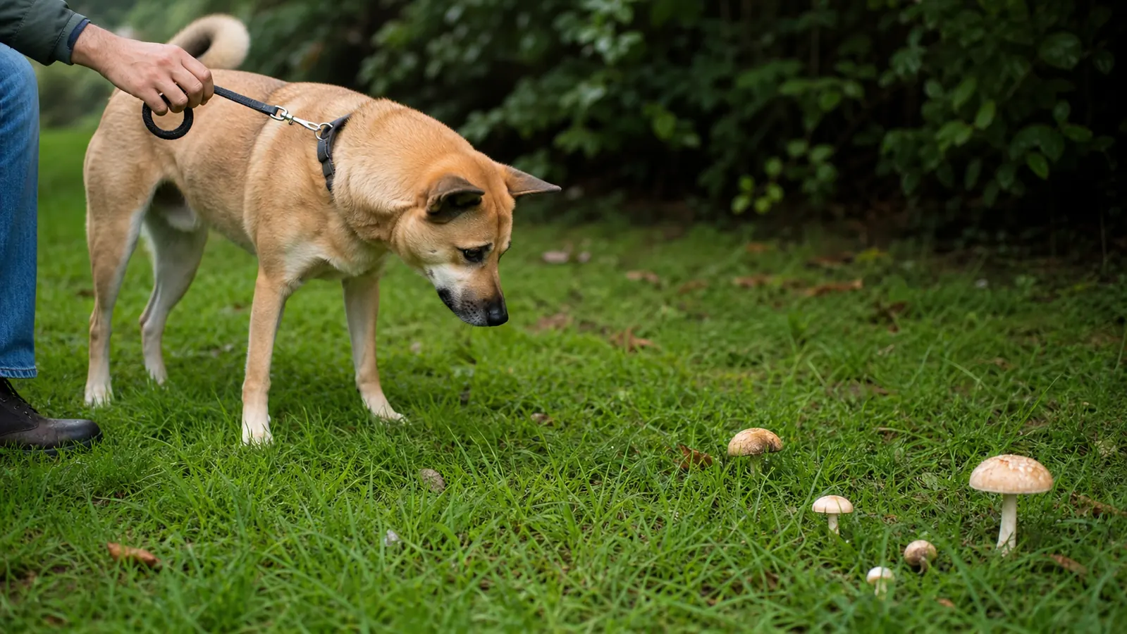 Leashed dog stopping near unknown mushrooms growing in a lawn