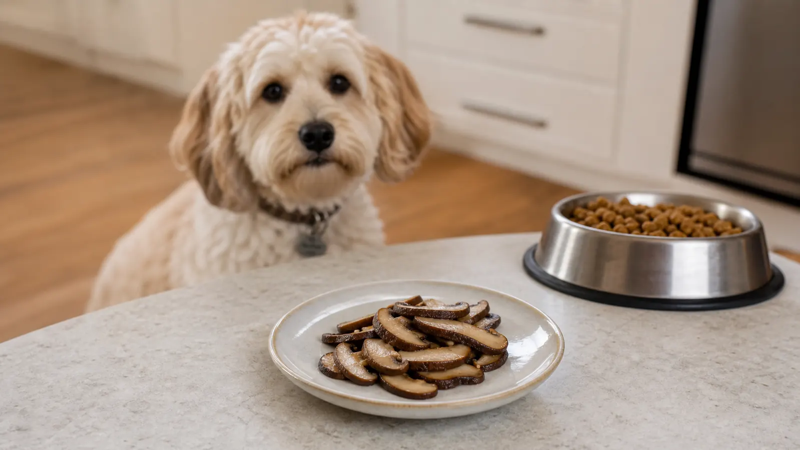 Plain cooked shiitake kept separate from a waiting dog's regular food