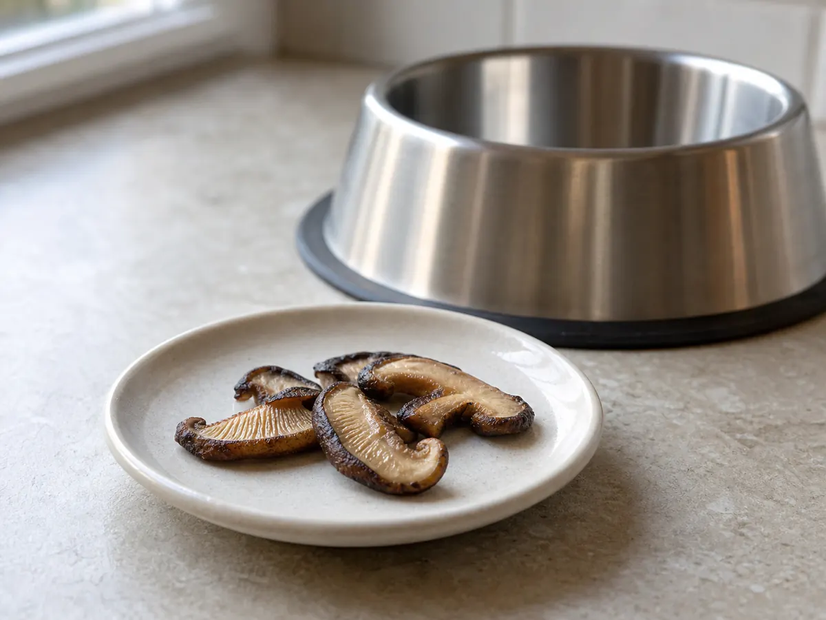 A few plain cooked shiitake slices on a small saucer beside an empty dog bowl