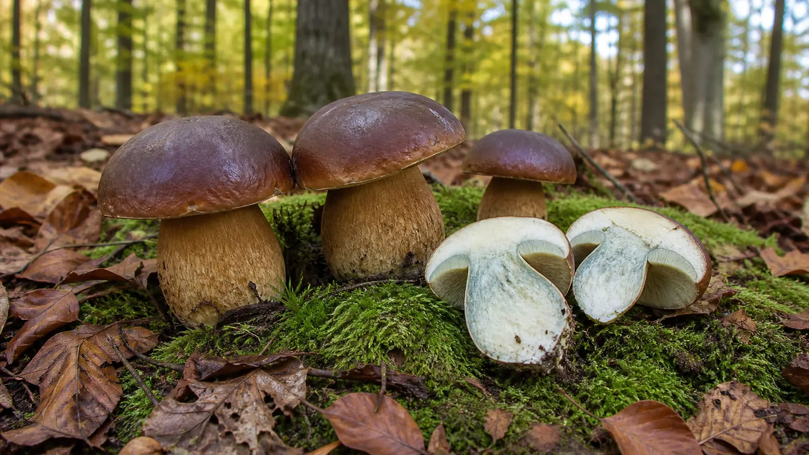 Bay boletes on mossy leaf litter with one cut in half showing a faint blue-green flush