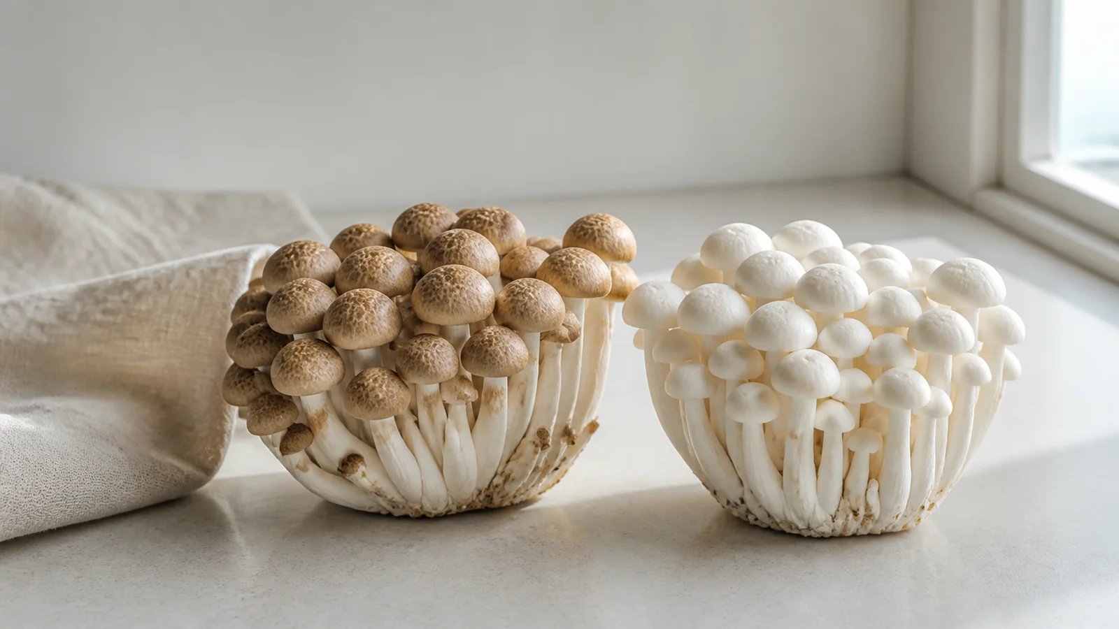 A brown buna-shimeji cluster beside a white bunapi cluster on a pale kitchen counter in daylight