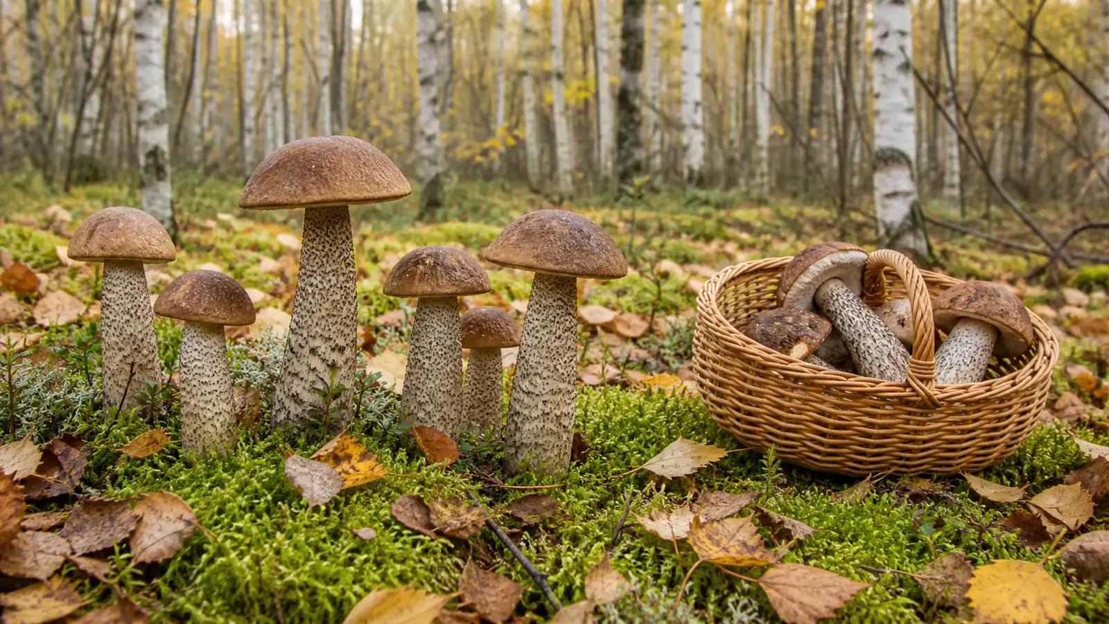 Birch boletes with speckled stems growing in moss under white birch trunks beside a foraging basket
