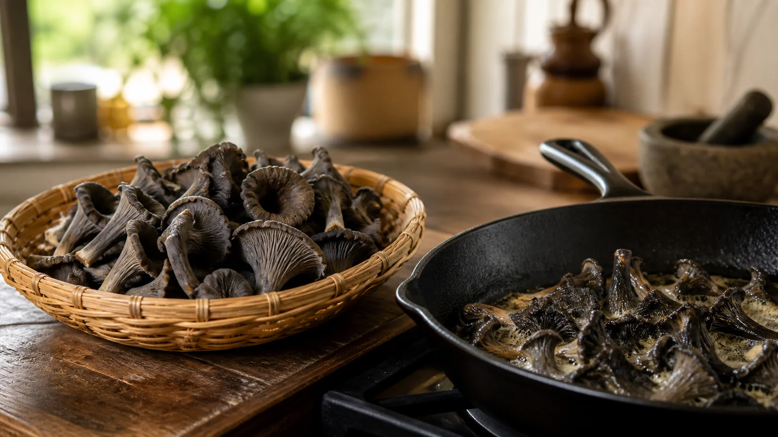 A basket of freshly picked black trumpets beside a cast iron skillet where a first batch is cooking