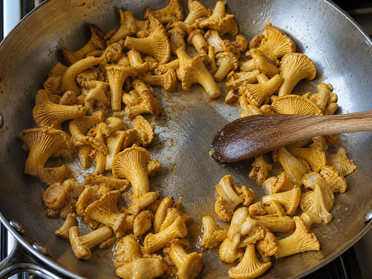 Golden chanterelles in a skillet with a dry spoon path through the center