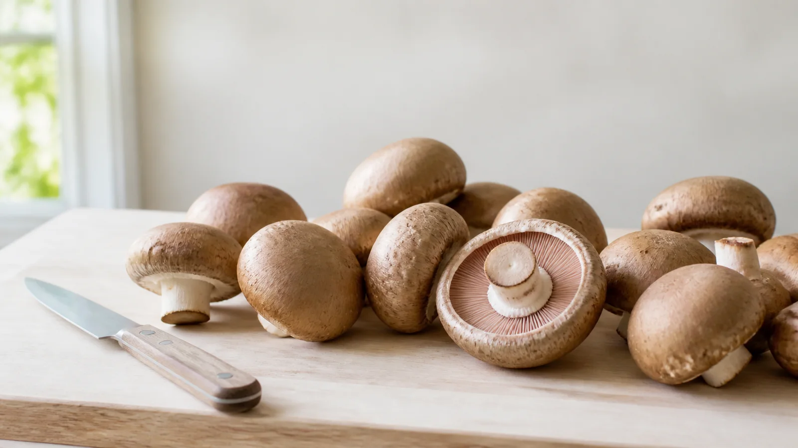 Fresh cremini mushrooms on a pale wooden kitchen board with one turned over to show pink-brown gills beside a knife