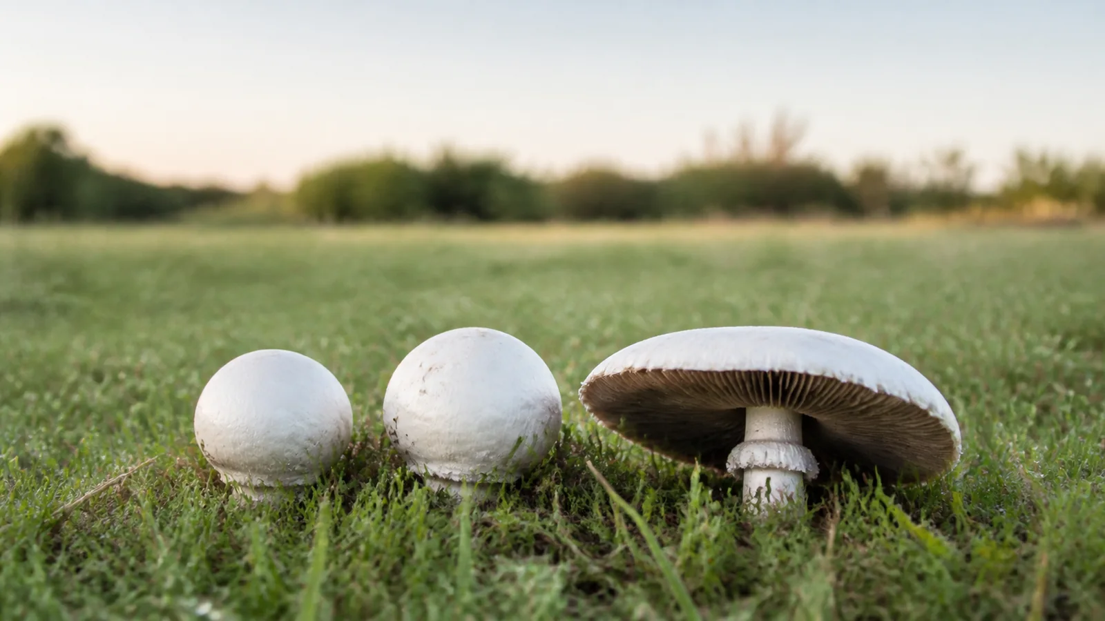 Three field mushrooms in short meadow grass, two still domed and one opened flat showing dark gills