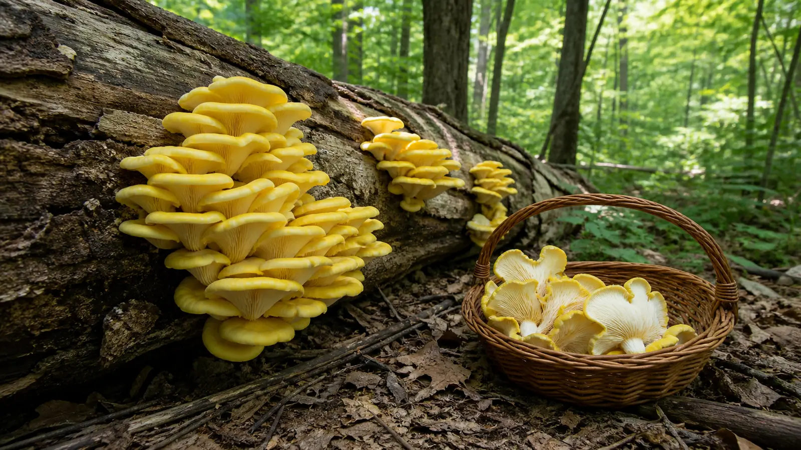 Tiered yellow golden oyster clusters on a fallen hardwood log with a foraging basket beside it
