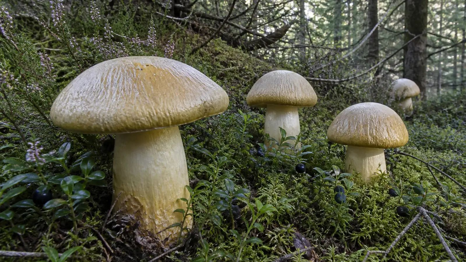 Several yellowish buff gypsy mushrooms with broad wrinkled caps standing among bilberry and heather on a mossy conifer forest floor