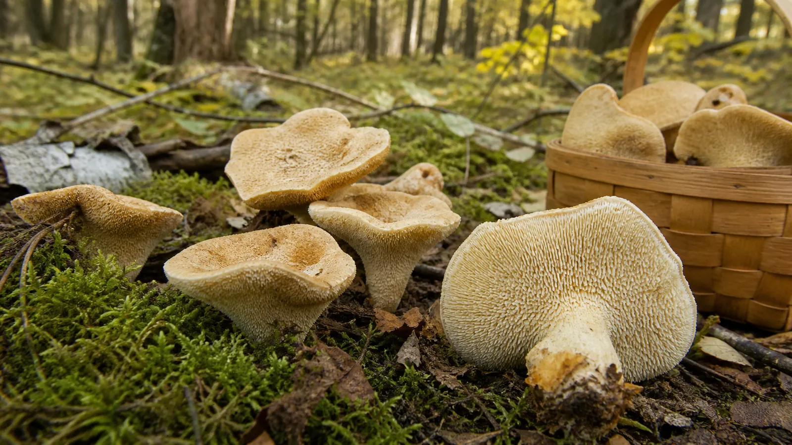 Hedgehog mushrooms on woodland moss with one turned over to show its crowded pale spines