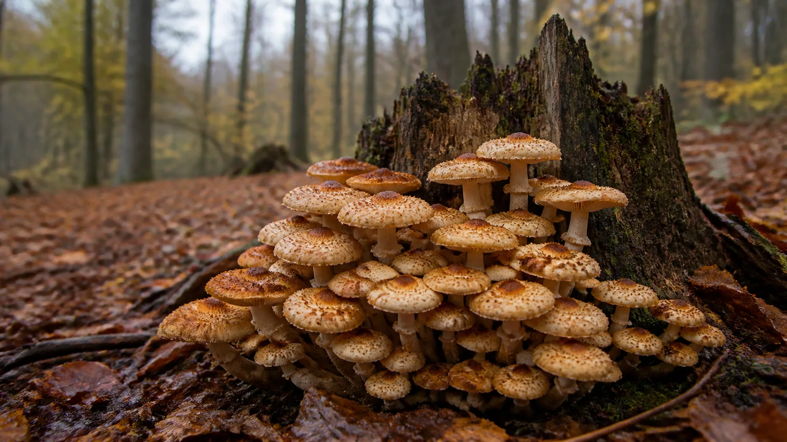 A large dense tuft of honey-yellow honey fungus crowded around the base of an old broadleaf stump in autumn woodland
