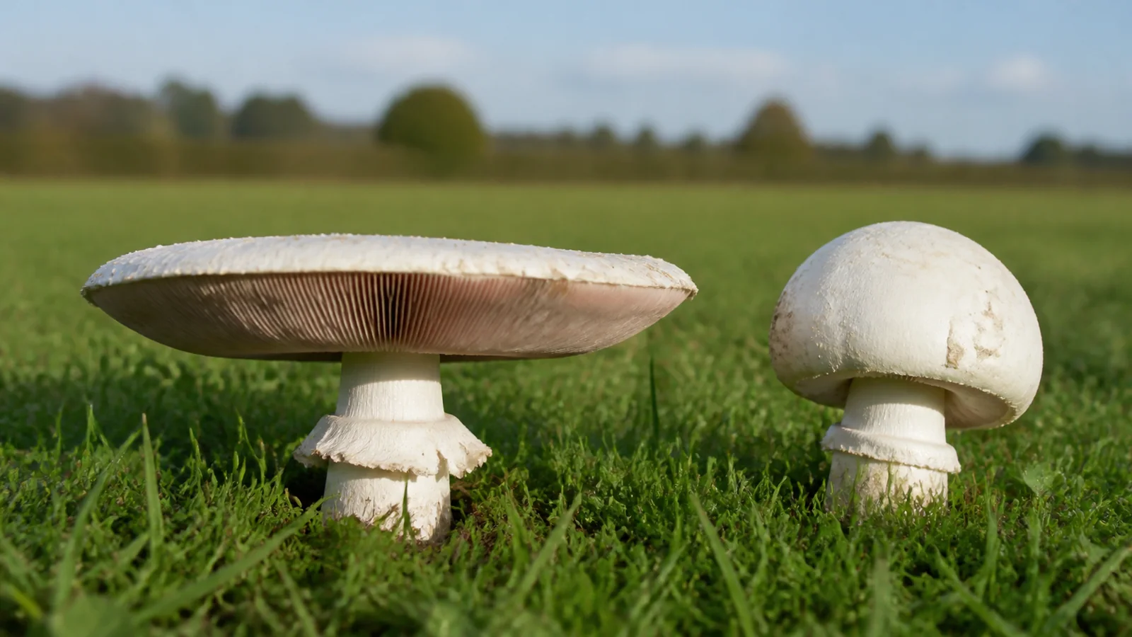 Two large white horse mushrooms in short pasture grass, one opened flat and one still domed, with a hedgerow behind