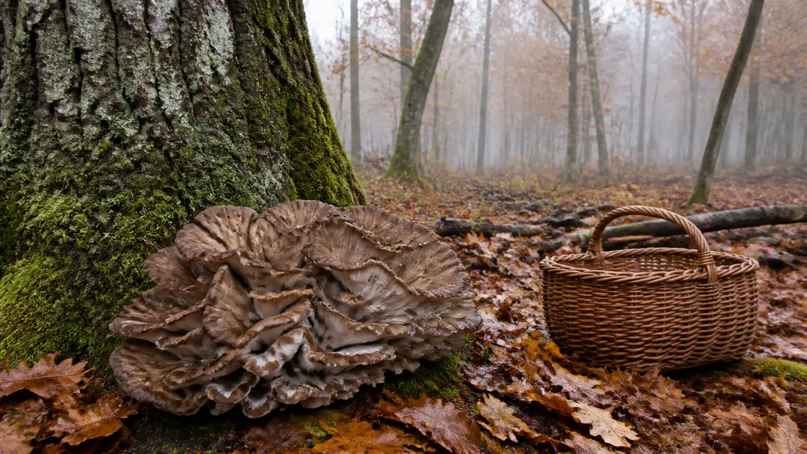 A large maitake cluster of overlapping gray-brown fronds at the mossy base of an oak trunk with a basket beside it