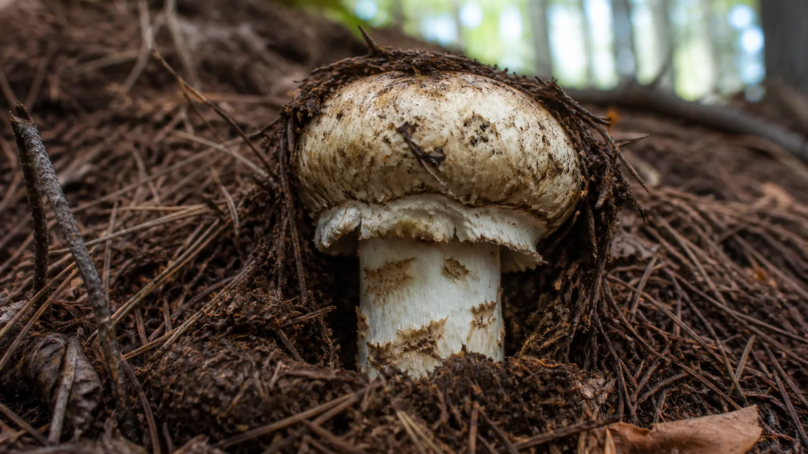A firm white matsutake mushroom pushing up through brown conifer needles on a pine forest floor