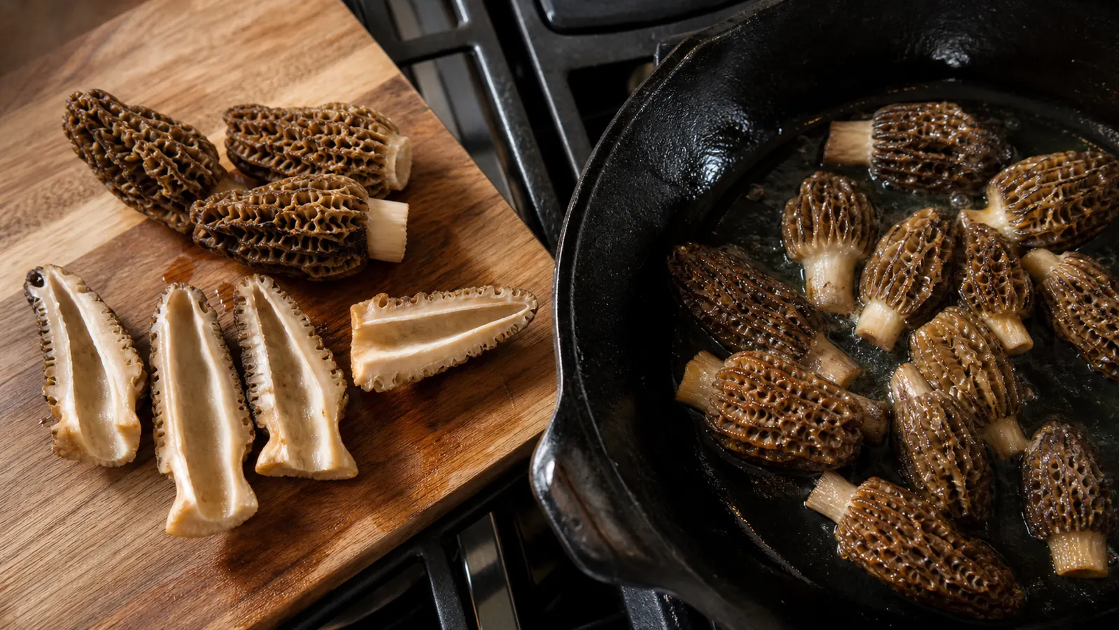 True morels cut open to show hollow centers beside morels cooking in a skillet