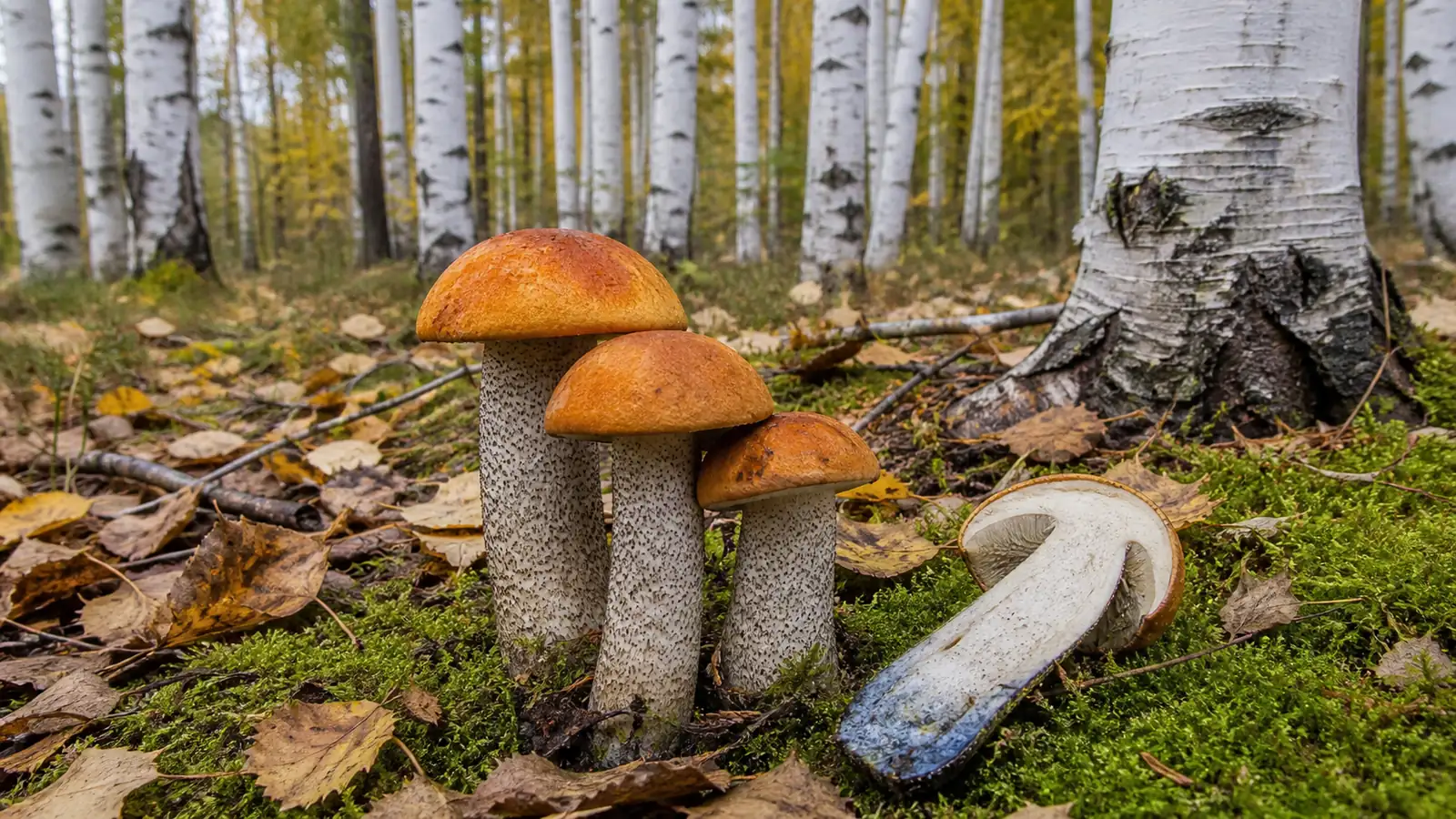 Orange birch boletes with scabered stems in moss under birch beside one cut to show a blue stem base
