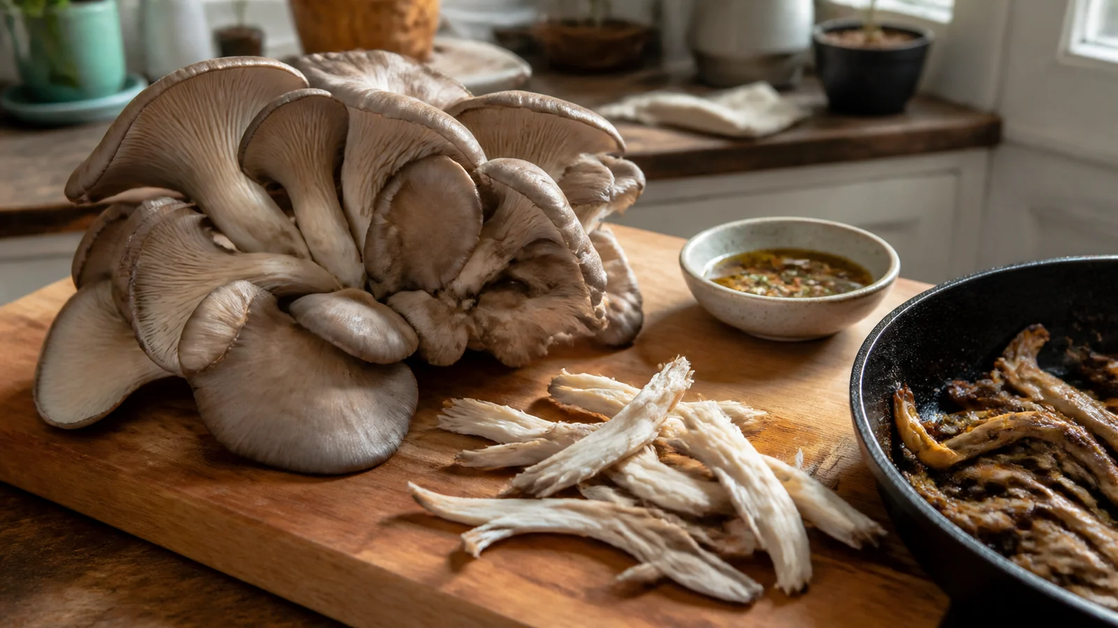 A cultivated oyster mushroom cluster with torn raw strips, a dressing bowl and a pan of cooked strips