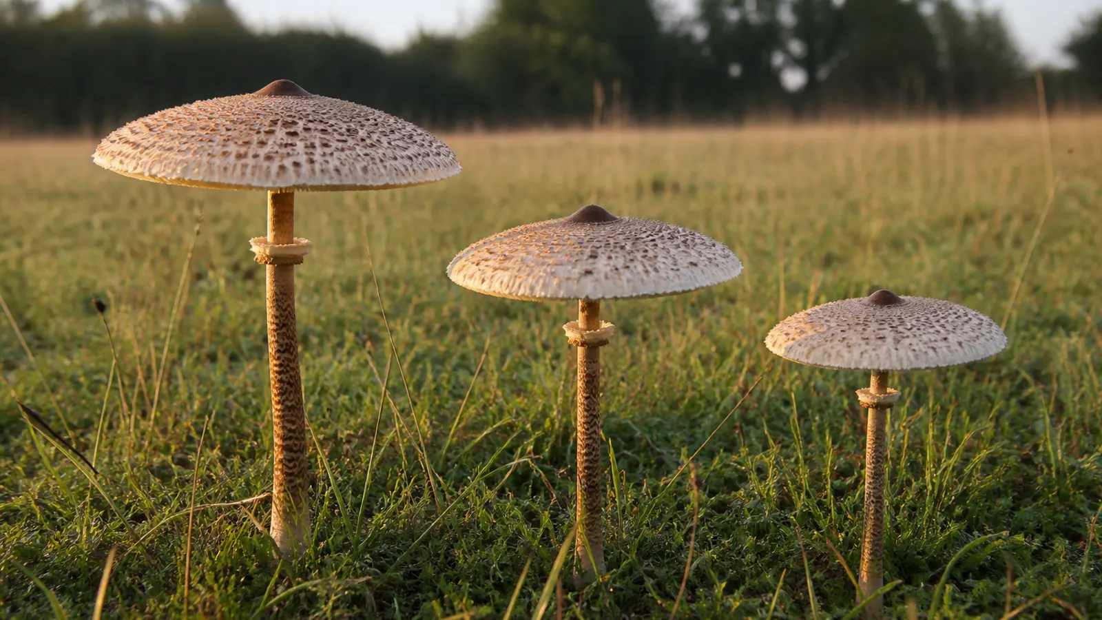 Three tall parasol mushrooms standing at different heights in a rough grassy meadow with their caps fully open and flat