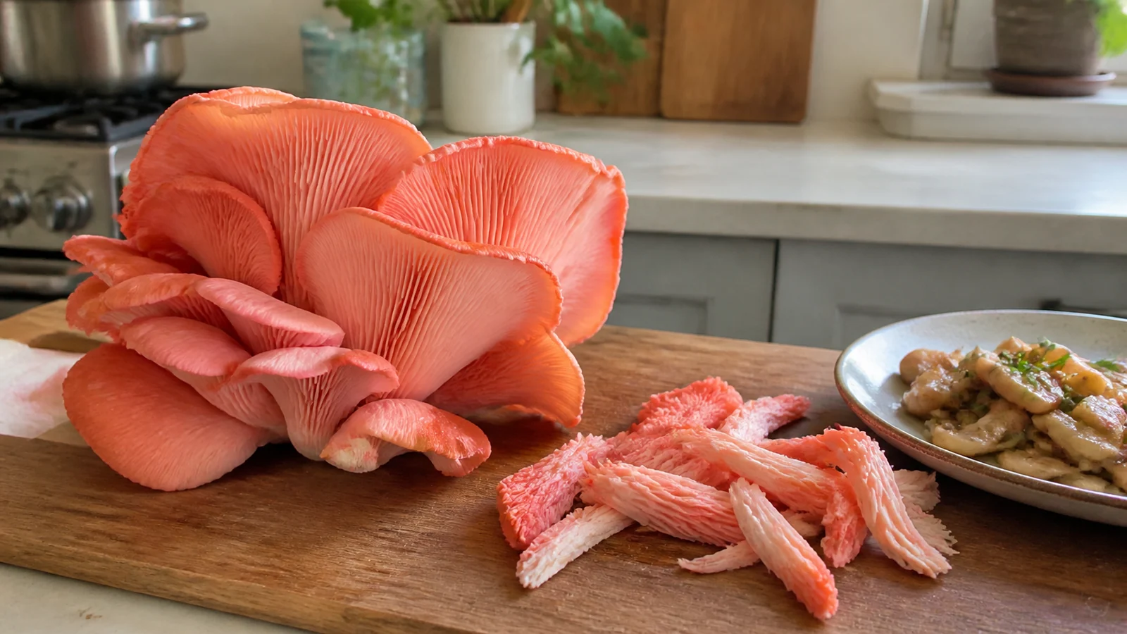 A vivid pink oyster cluster with torn raw strips beside a plate of the same mushroom cooked beige